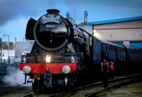 Flying Scotsman steam train at Pickering Station, ready to depart through the scenic North York Moors during the Railway 200 celebrations.