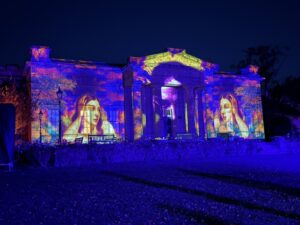 Illuminated trees and glowing installations at Echoes of Yorkshire in York Museum Gardens, part of a magical outdoor light and sound show.