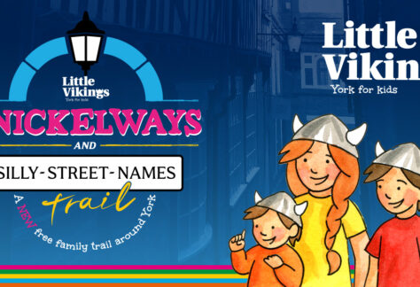 Families exploring York’s hidden snickelways using the Little Vikings Snickelways & Silly Street Names Trail illustrated map.