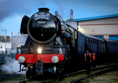 Flying Scotsman steam train at Pickering Station, ready to depart through the scenic North York Moors during the Railway 200 celebrations.